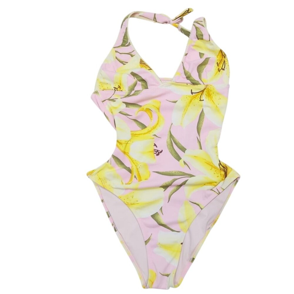 OndadeMar Womens Floral One-Piece Halter Swimsuit Size 8‎ Pink & Yellow Lily